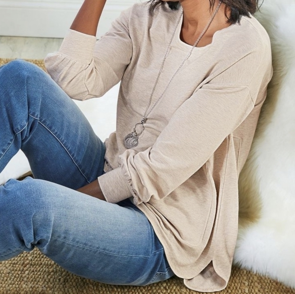 Soft Surroundings Kai French Terry Pullover in Oatmeal Heather Size Small Comfy